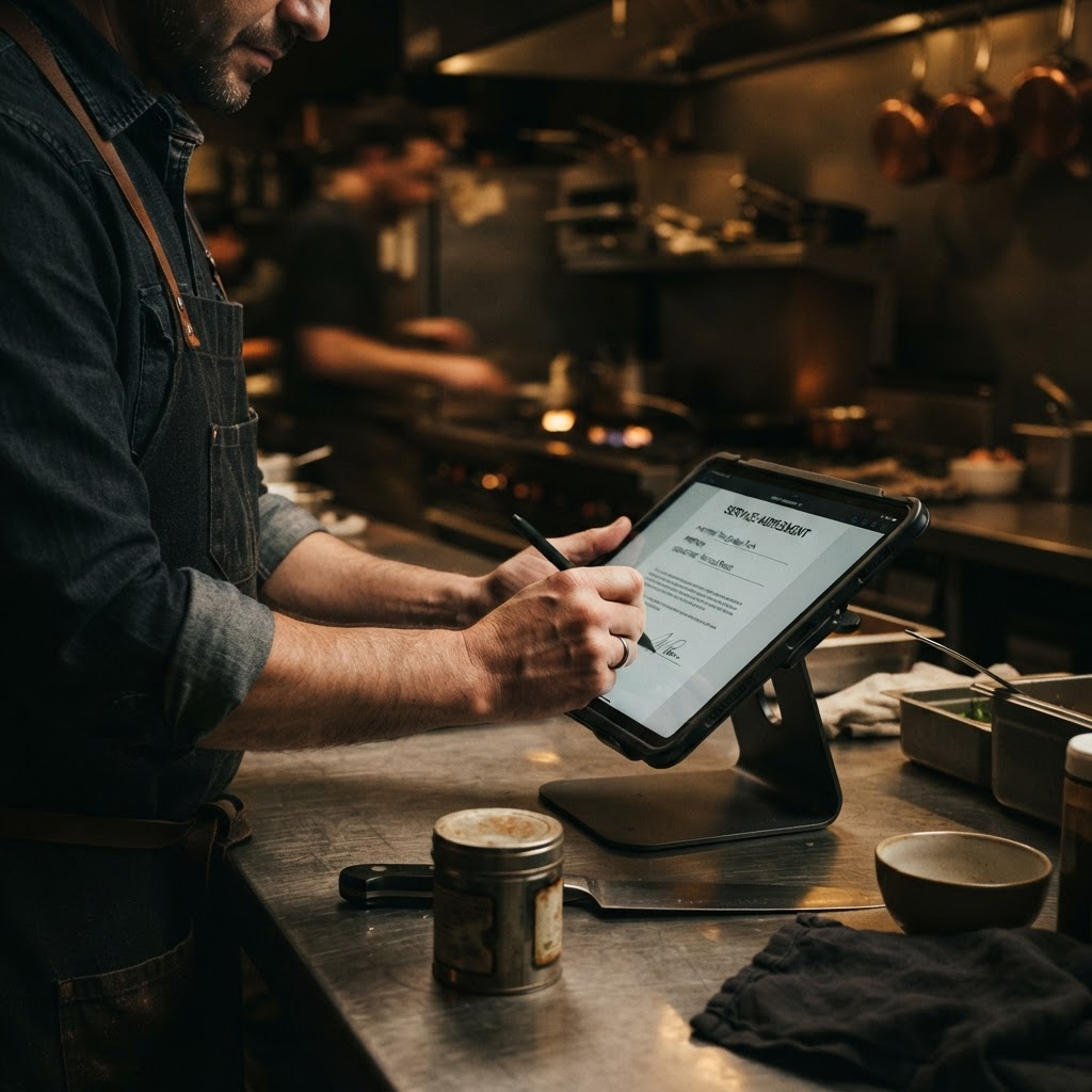 Restaurant owner signing a digital service agreement on a tablet