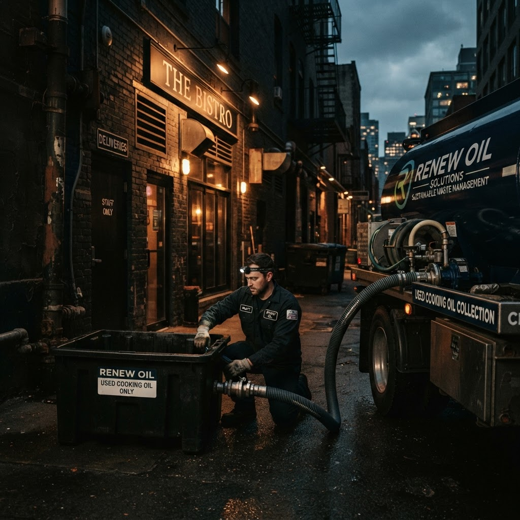 Service tanker truck making a scheduled used cooking oil pickup