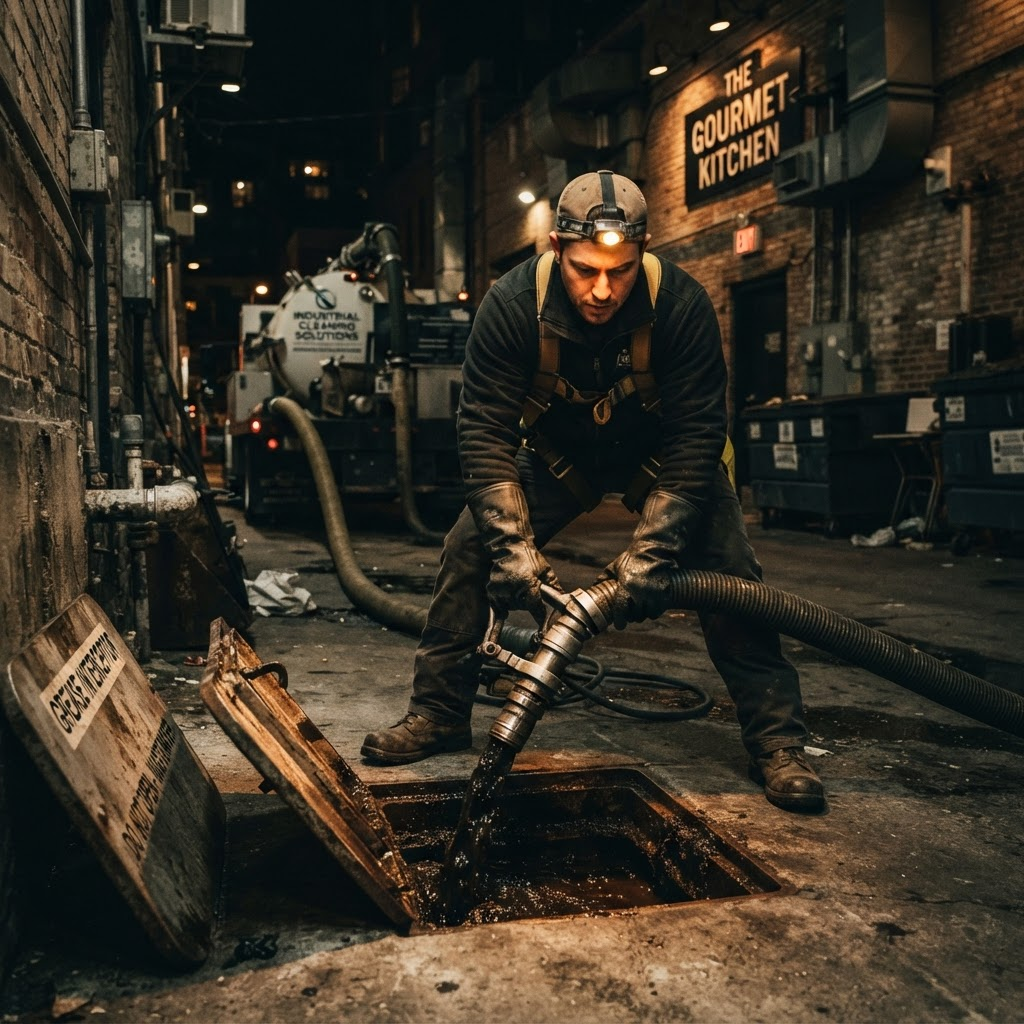 Technician servicing a commercial grease trap with a pump hose