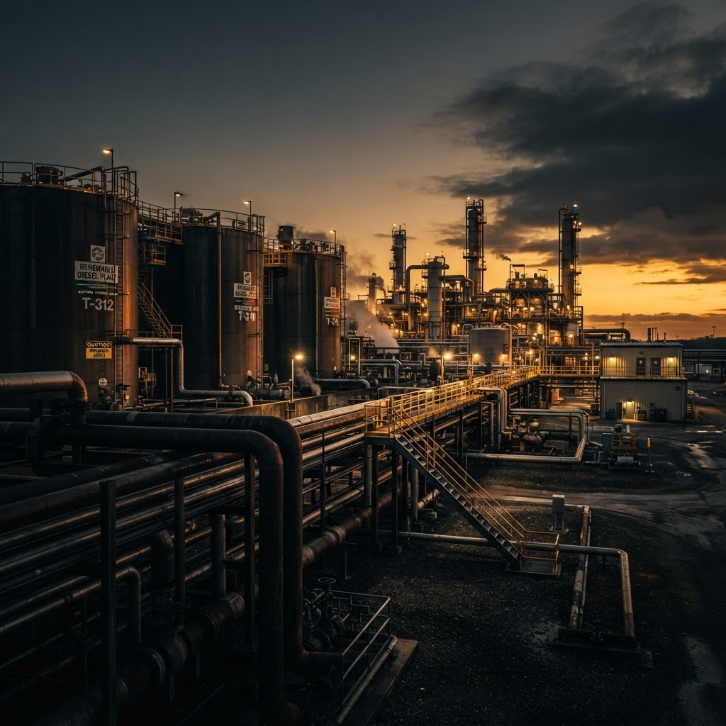 Industrial refinery tanks processing renewable fuel at dusk